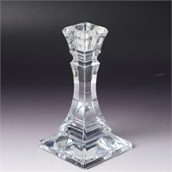WMF glass decanter, designed by Jette Joop, on steel stand, boxed, H23cm; Tiffany & Co glass candlestick, marked to base, H18cm (2)