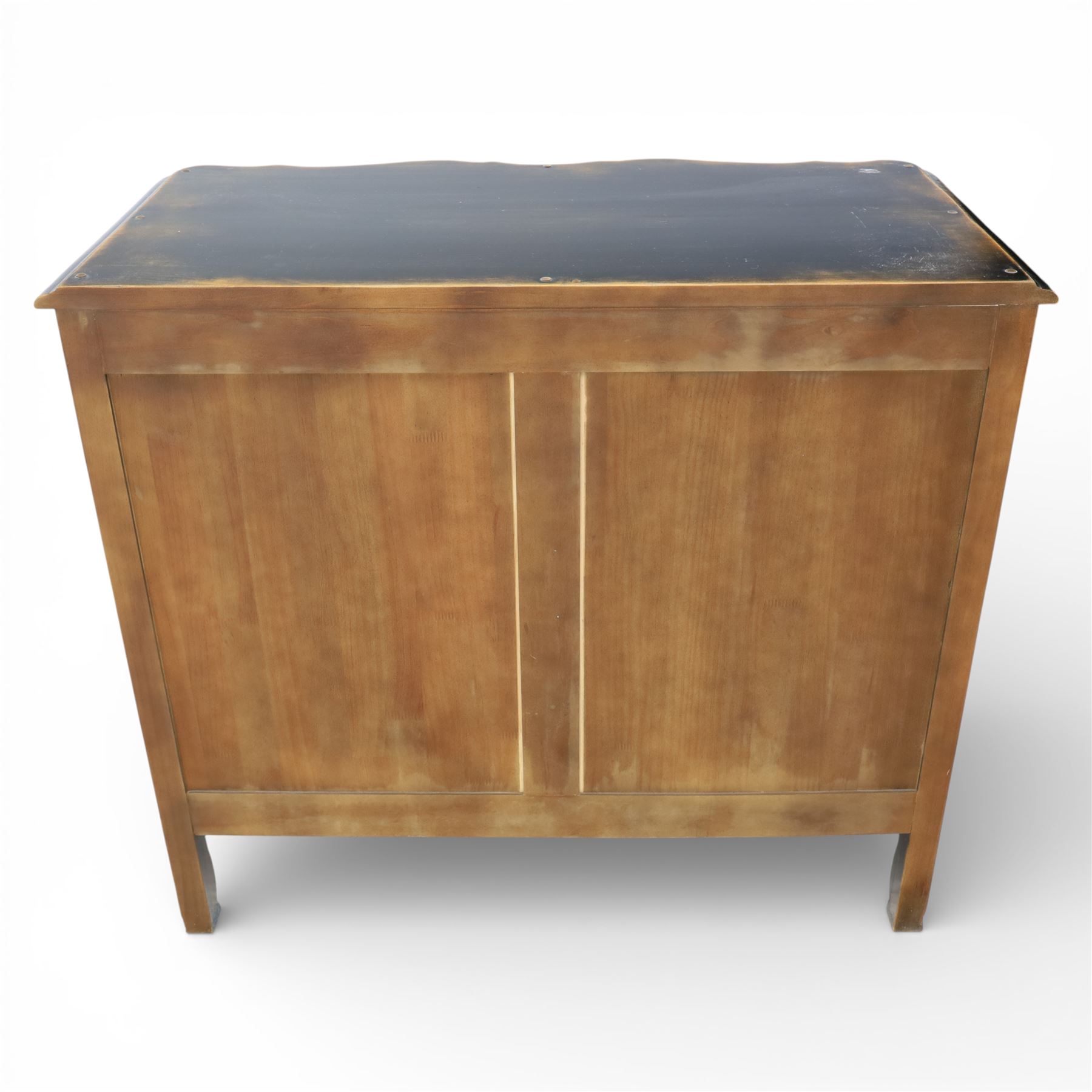 French style black lacquered chest of drawers, the serpentine front fitted with three graduated drawers mounted with scrolling foliate metal handles and key plates, shaped apron and scrolled cabriole legs