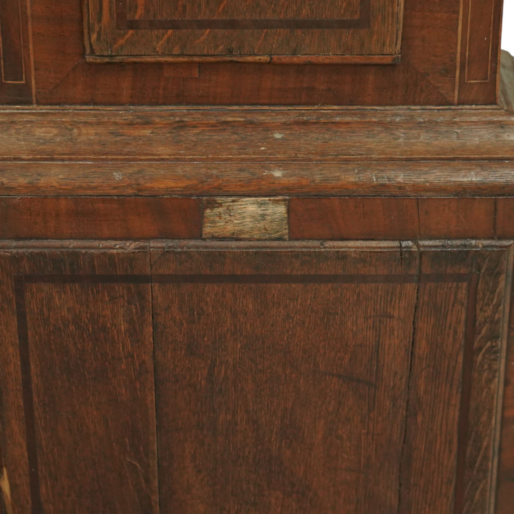 Three empty oak longcase clock cases-for restoration , parts, repair, and two 30hr chain driven movements with 12
