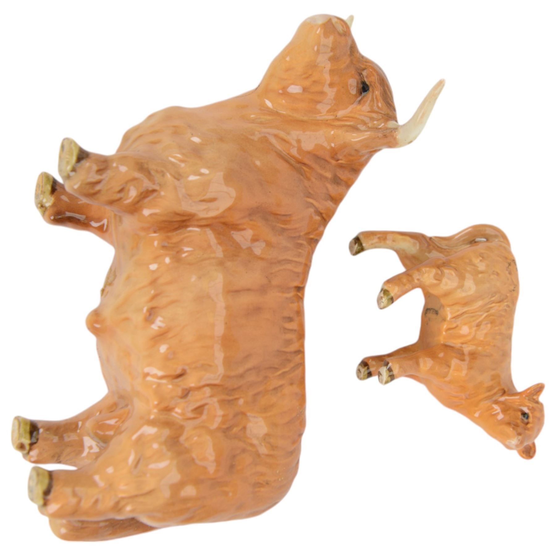 Six Beswick cattle figures, comprising Highland family group; Bull, model 2008, Cow, model 1740 and Calf, model 1827D, Guernsey family group, Bull Champion Sabrina's Sir Richmond 14th, model 1451, Cow, model 1248 and calf model 1249