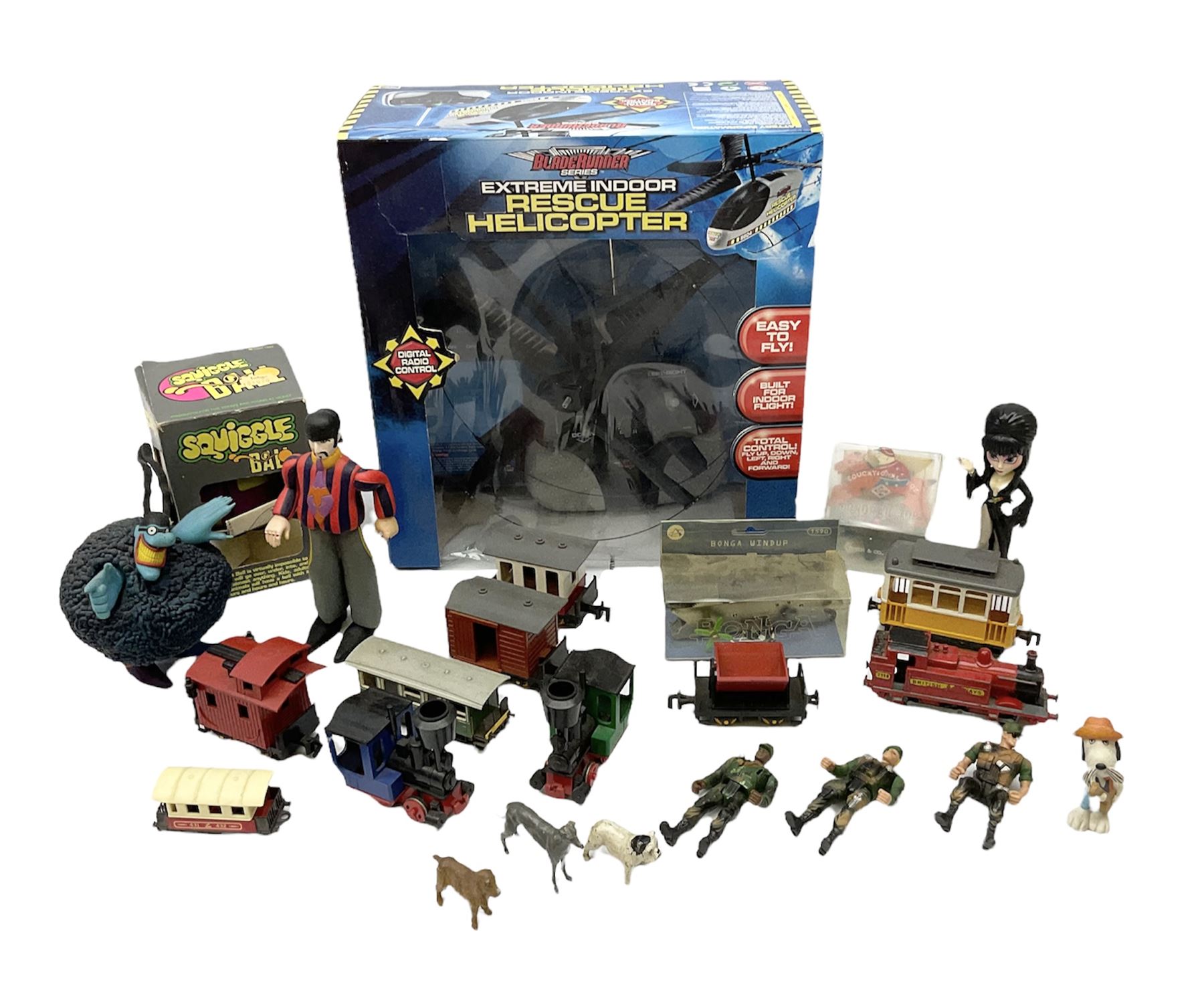 Blade Runners Series Extreme Indoor Rescue Helicopter; boxed with radio control; quantity of Lehmann Gnomy plastic model railway items; and other toys and figures etc