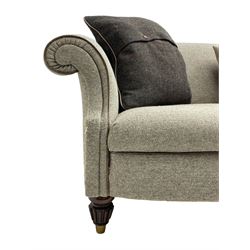 Tetrad - 'Bowmore' traditional shaped two seat sofa upholstered in 'Harris Tweed' wool fabric with leather piping, together with scatter cushions, on turned and lobed feet
