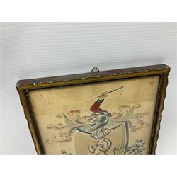 19th century heraldic watercolour depicting 'The Salor's Arms', lion rampant within a shield beneath a knight's helmet, embellished with floral and scrolling decoration, inscribed with family motto 'Fortis et Fidelis' (Strong and Faithful) 