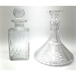 Set of six Waterford Crystal sherry glasses, together with three Stuarts Crystal Glengarry pattern flutes, a Stuart Crystal ships decanter, and an Edinburgh Crystal square section decanter. 