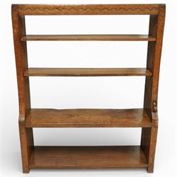Mouseman - circa 1920s/1930s oak open back 3ft bookcase, the adzed top with scalloped detail, dual depth adzed ends, with two adjustable shelves over two fixed shelves, with carved fat mouse signature, by Robert Thompson of Kilburn