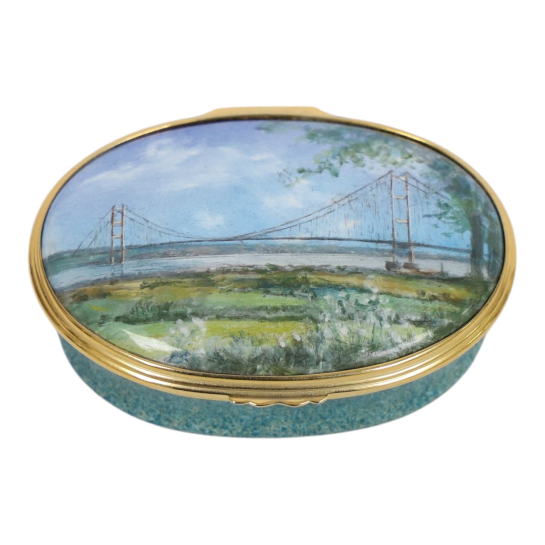 Halcyon Days bespoke commissioned enamel pill box, painted with the Humber Bridge, H3cm