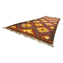 Maimana Kilim ground runner, multicoloured geometric medallions arranged in rows, with triangular motifs in the field, the wide border in brown with contrasting guard bands