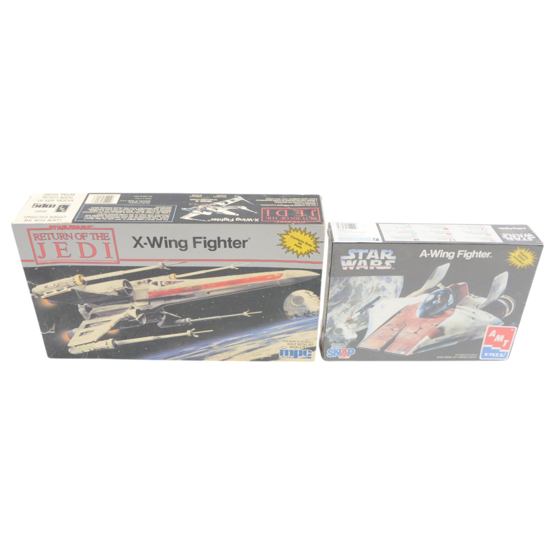 Four Star Wars model kits, comprising AMT ERTL A-Wing Fighter, in sealed packaging, MPC ERTL Return Of The Jedi Millennium Falcon, MPC ERTL Return Of The Jedi X-Wing Fighter and Denys Fisher Luke Skywalker's X-Wing Fighter, all boxed 