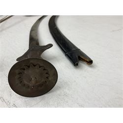 20th century Indian Tulwar sword with 71cm plain curving steel blade and iron hilt with extended langets, knopped grip and spiked pommel; in canvas covered wooden scabbard L87.5cm overall; together with five fencing swords comprising four foils and one epee, three marked Leon Paul, one in carrying case (6)