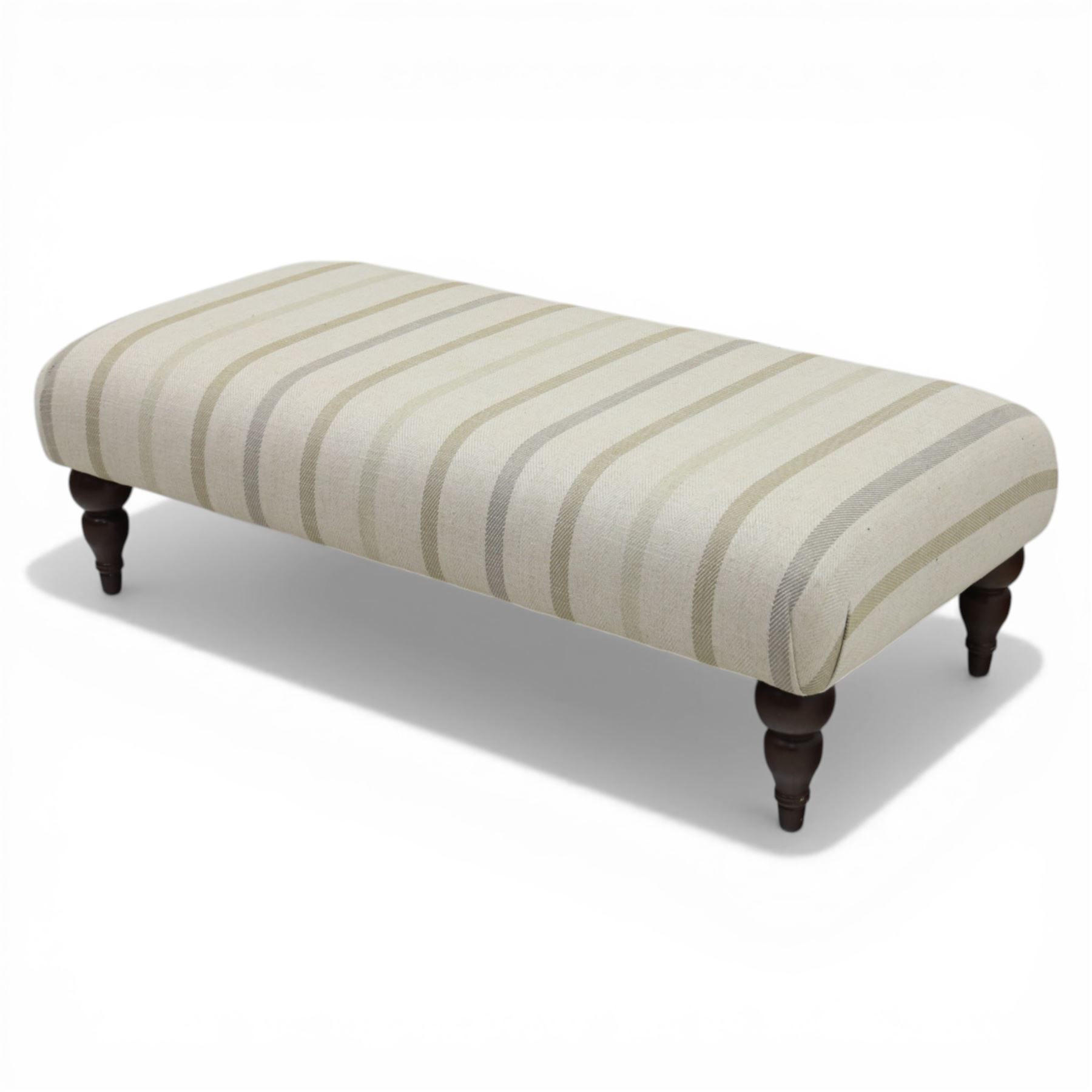 Footstool upholstered in striped fabric, with turned dark stained tapered feet