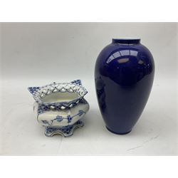 Royal Copenhagen blue fluted lace sugar bowl, with printed and painted marks beneath, D12cm, together with a vase of baluster form decorated with irises upon dark blue ground, no. 1886, with marks beneath