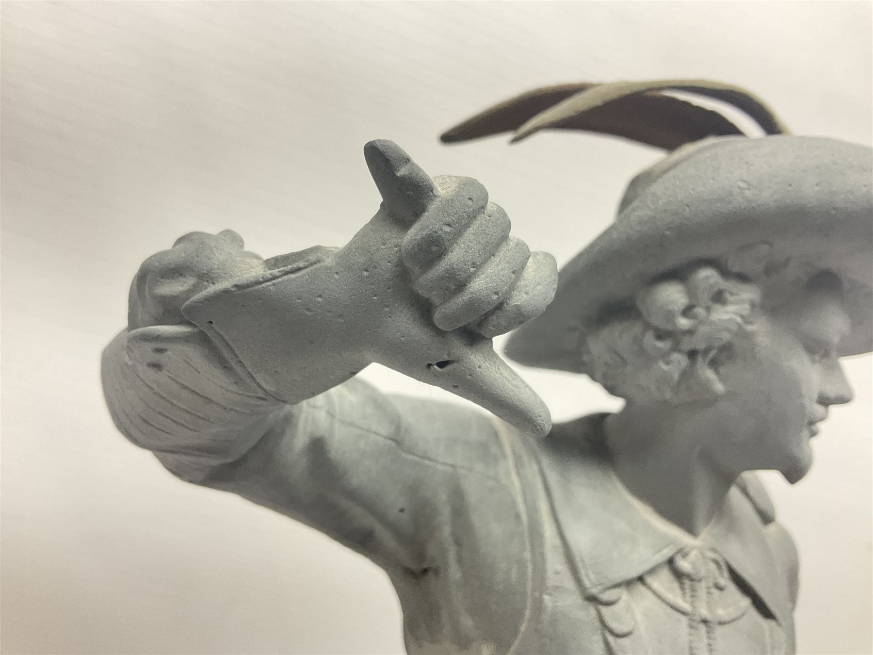 Pair of spelter figures modeled as Cavaliers, together with a spelter figure of Joan of Arc, largest H52cm