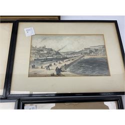 Framed oil painting of gentleman, together with four framed prints of cityscapes and Whitby Abbey, largest H35cm, W29.5cm 