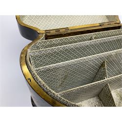 Victorian papier-mâché stationary box, of rounded wedge form with mother of pearl escutcheon, the hinged and curved cover and sides hand painted with floral sprays, opening to reveal a lined and fitted interior, H15cm L22cm D16cm