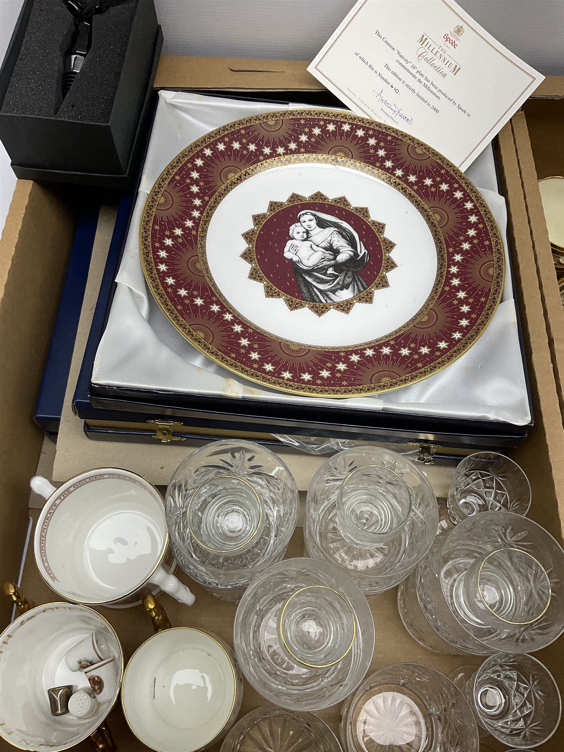 Grosvenor part tea set, together with limited edition boxed Spode ;The Millennium Collection' plate, two limited edition cased Spode 'The Queen Mother's Plate' plates, three Royal Commemorative loving cups, and a selection of drinking glasses of various size and form, in two boxes 
