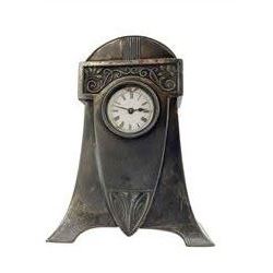 Metallwarenfaberic Straub & Schweizer - WMF silver plated timepiece clock c1910 in the aesthetic movement style, recessed enamel dial with Roman numerals, minute track and steel spade hands, single train going barrel movement  with a jewelled cylinder balance wheel escapement, wound and set from the rear, case with makers marks. 