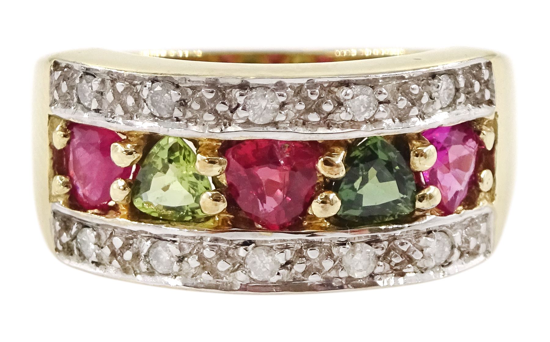 9ct gold trilliant cut pink and green sapphire half eternity ring, with diamond chips set either side, hallmarked