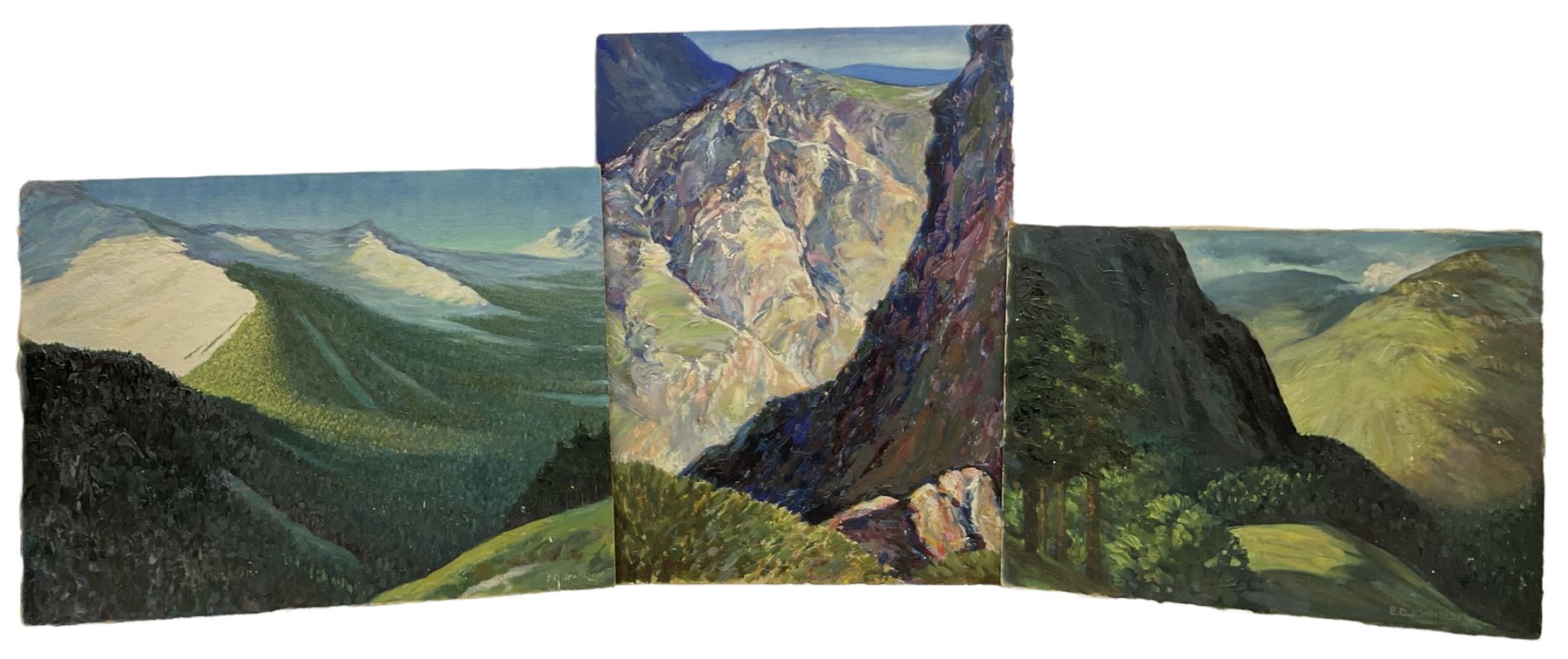 E D Johnson (British 1951-): 'Cumberland', set three oils on board signed, inscribed verso max 55cm x 72cm (3)