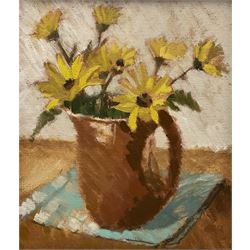 Rev CW Hopkins (British Early/Mid 20th century): Still Life of Yellow Flowers in a Jug, oil on canvas labelled verso 35cm x 30cm