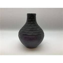 Two Dartington Studio Fossae Punched glass vases, in black and grape H38cm max (2)