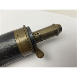 19th century James Dixon & Sons leather covered powder flask with patent action adjustable shot measure to dispense 2 1/4 - 3 drams; marked Parker Hale Ltd. Birmingham England L20cm