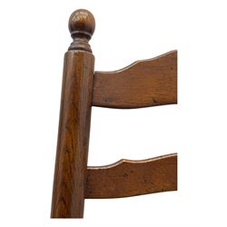 Set of ten 18th century design oak ladder back dining chairs, shaped cresting rail over four horizontal splats, rush seat raised on turned supports united by double stretchers
