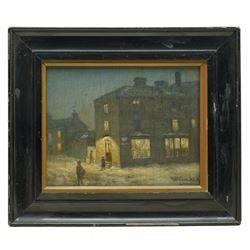 William Greaves (British 1852-1938): Moonlit Town Street in Winter, oil on panel signed 18cm x 23cm