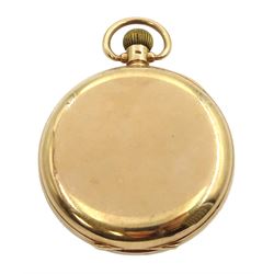 Early 20th century 9ct gold open face keyless Swiss lever pocket watch, white enamel dial with Roman numerals and subsidiary seconds dial, case by Dennison, Birmingham 1925