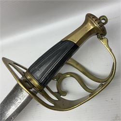 Late 18th century sword, the Spanish 79.5cm curving fullered blade engraved with the Royal Cypher, battle trophies and 'Viva Espania' banner, French Sabre de Mineur brass three-bar hilt with ebonised reeded grip L93.5cm overall (no scabbard)