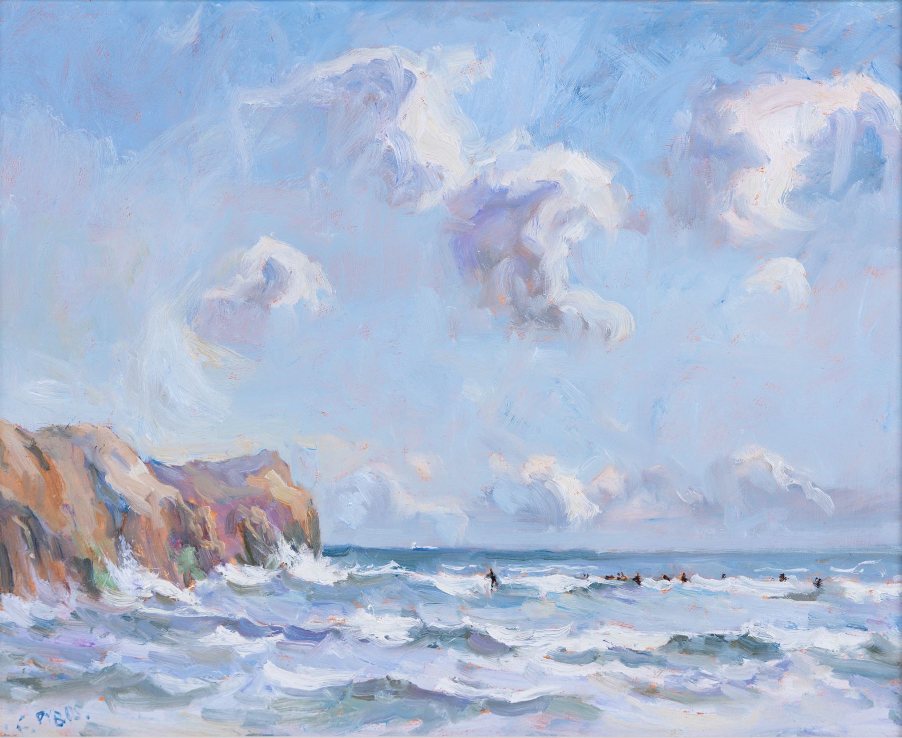 Christine M Pybus (British 1954-): 'Winter Surfing at Sandsend', oil on board signed 29cm x 36cm 