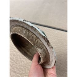 17th century Transitional period Chinese Wucai vase and cover, of baluster form, the body painted with ladies upon a terrace, and figures upon horseback and attendants within a fenced garden, the domed cover with knop finial painted with boys at play, H37cm
