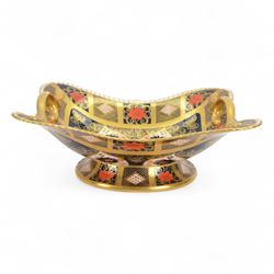 Royal Crown Derby Imari 1128 pattern twin handled comport dish, H12cm, L30cm