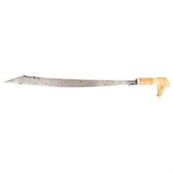 Borneo Dayak Mandau knife, with carved bone handle and wooden scabbard, overall L64cm
