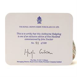 Royal Crown Derby Ashbourne Hedgehog paperweight limited edition 81/500 with certificate and gold stopper 