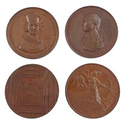 Four commemorative medallions, 'Earl Spencer First Lord of the Admiralty Appointed Mar 2 1795', 'Marshal Count Suwarrow Commander in Chief of the Russians', 'The Chancel, St Michaels Church' and 'Preserved From Assassination May 15 1800' commemorating the failed assassination of King George III