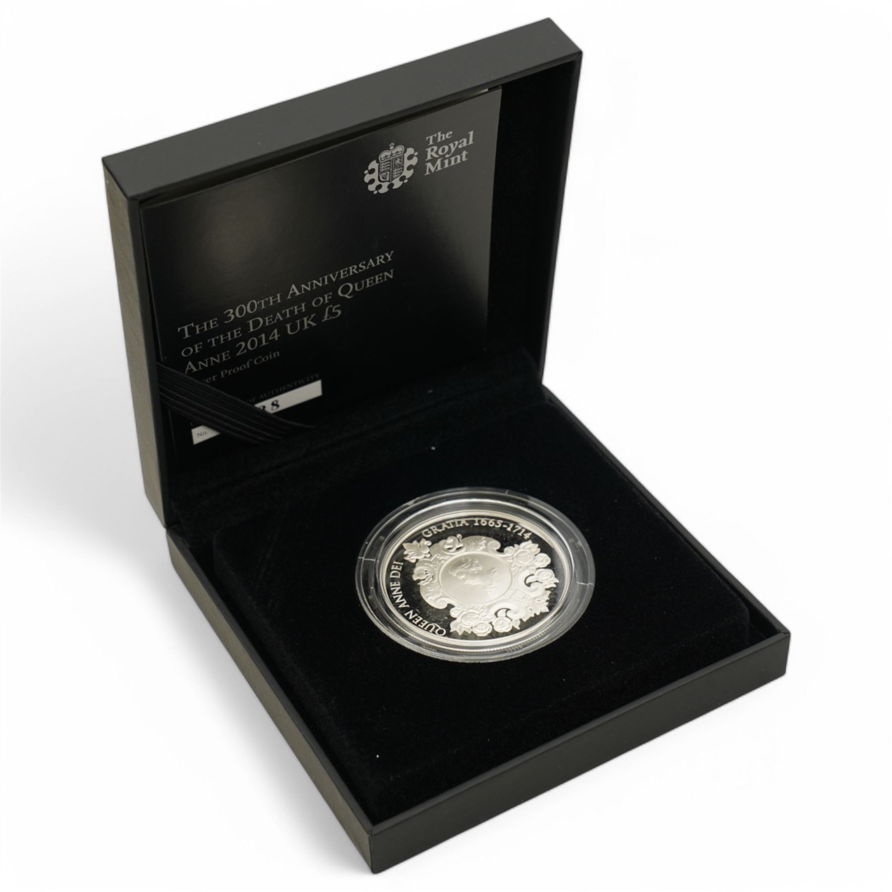Four The Royal Mint United Kingdom silver proof five pound coins, comprising 2011 'The Royal Wedding', 2013 'The 60th Anniversary Of The Queen's Coronation', 2014 'The 300th Anniversary Of The Death Of Queen Anne' and 2017 'The Sapphire Jubilee Of Her Majesty The Queen', all cased with certificates