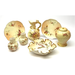 A selection Royal Worcester Blush Ivory, comprising a potpourri jar and inner cover, of baluster part writhern twist form, with printed puce marks beneath, Rd no 227399, shape no 1720, together with a jug of baluster form with naturalistically modelled handle, (a/f), with printed marks beneath Rd no 167140, shape no 1507, a leaf shaped dish, with printed puce marks beneath, shape no 362, two lobed plates, with puce printed marks, plus a pair of Pointons vases. (7). 