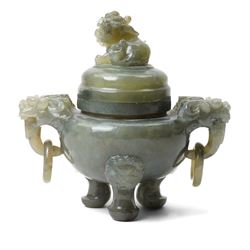 Chinese 20th century green hardstone censer and cover, H20cm