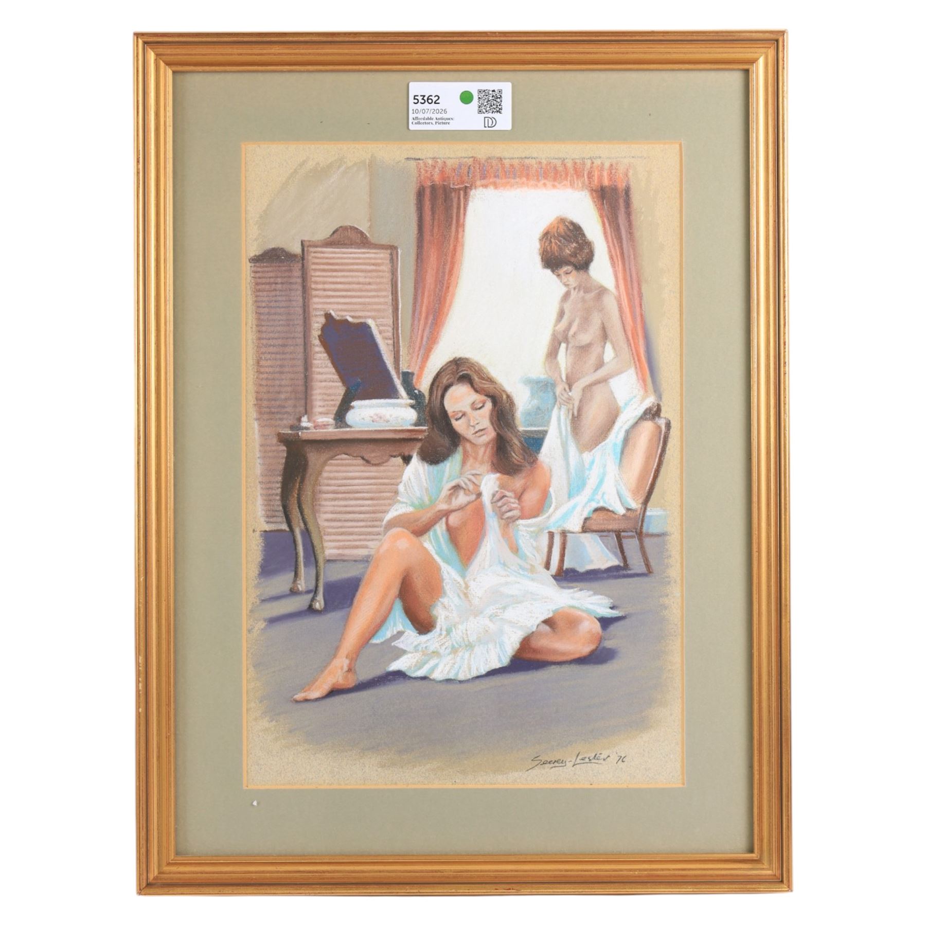 John Seerey-Lester (British 1945-2020): Two Nude Ladies in an Interior, pastel signed and dated '76; together with Frantisek Batka (Czech 1938-): Seated Nude Lady, coloured lithograph max 57.5cm x 40cm (2)