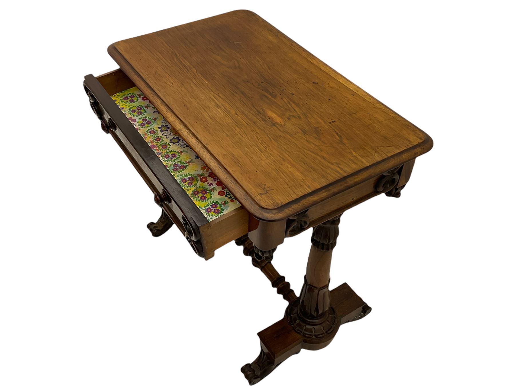 Victorian rosewood stretcher table, moulded rectangular top with rounded corners over single drawer, turned and carved twin pillar supports on platforms joined by turned stretcher, scroll carved feet