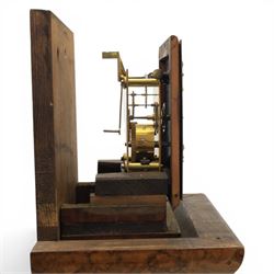Early 20th century walnut small longcase clock, brass dial with silvered Roman numeral chapter ring and pierced black hands, the figured walnut case with shaped projecting hood, long moulded trunk door and stepped plinth base