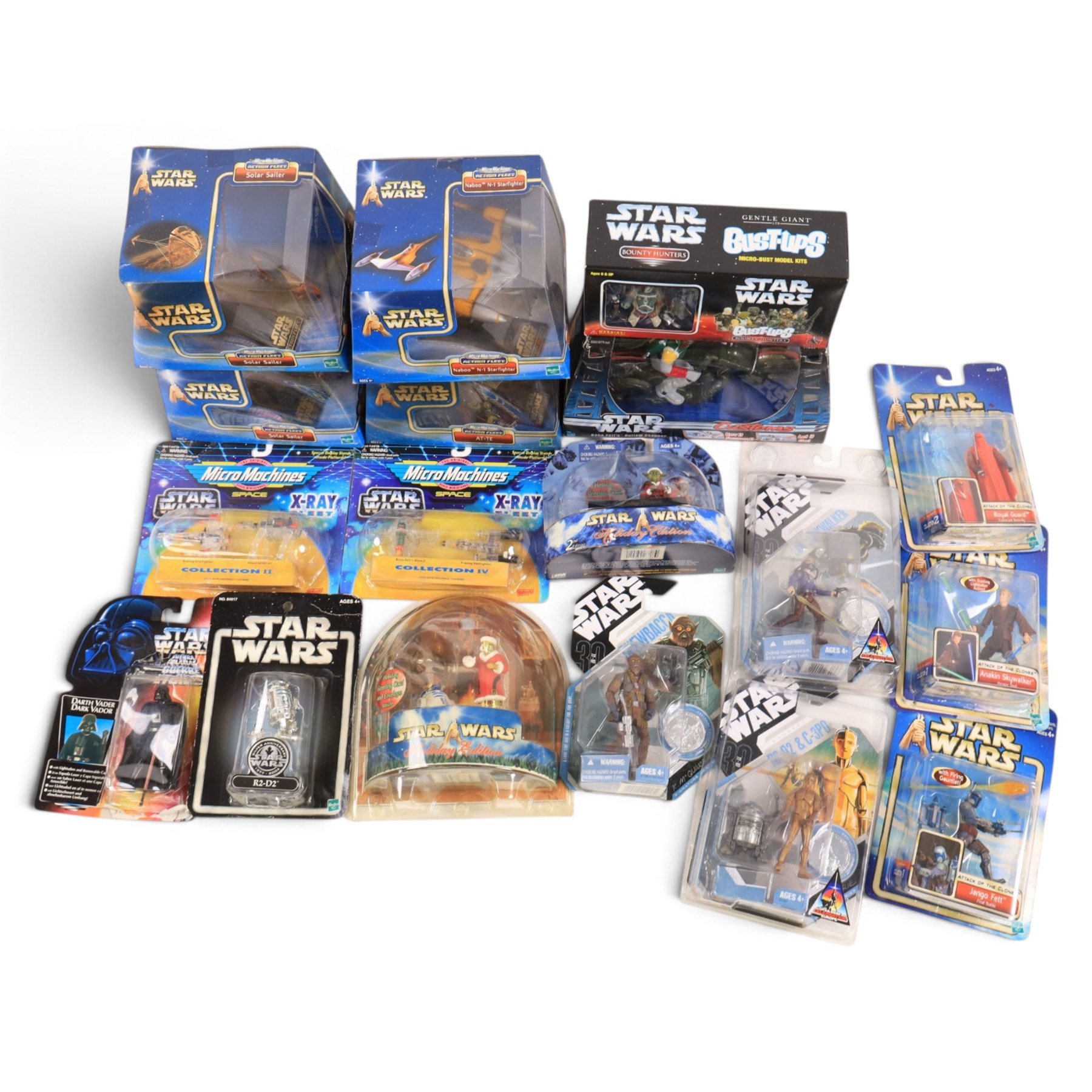 Star Wars action figures, including three Hasbro Concept figures Chewbacca, Luke Skywalker and R2-D2 & C-3PO, four Hasbro figures Anakin Skywalker, Jango Fett, Royal Guard and Silver Anniversary R2-D2, two Hasbro Holiday Edition sets, Gentle Giant Bust Ups Bounty Hunters, Hasbro Customs Boba Fett's Outlaw Chopper, The Kenner Collection Darth Vader, two Galoob Micro Machines X-Ray Fleet packs and four Micro Machines Action Fleet vehicles, all boxed or carded