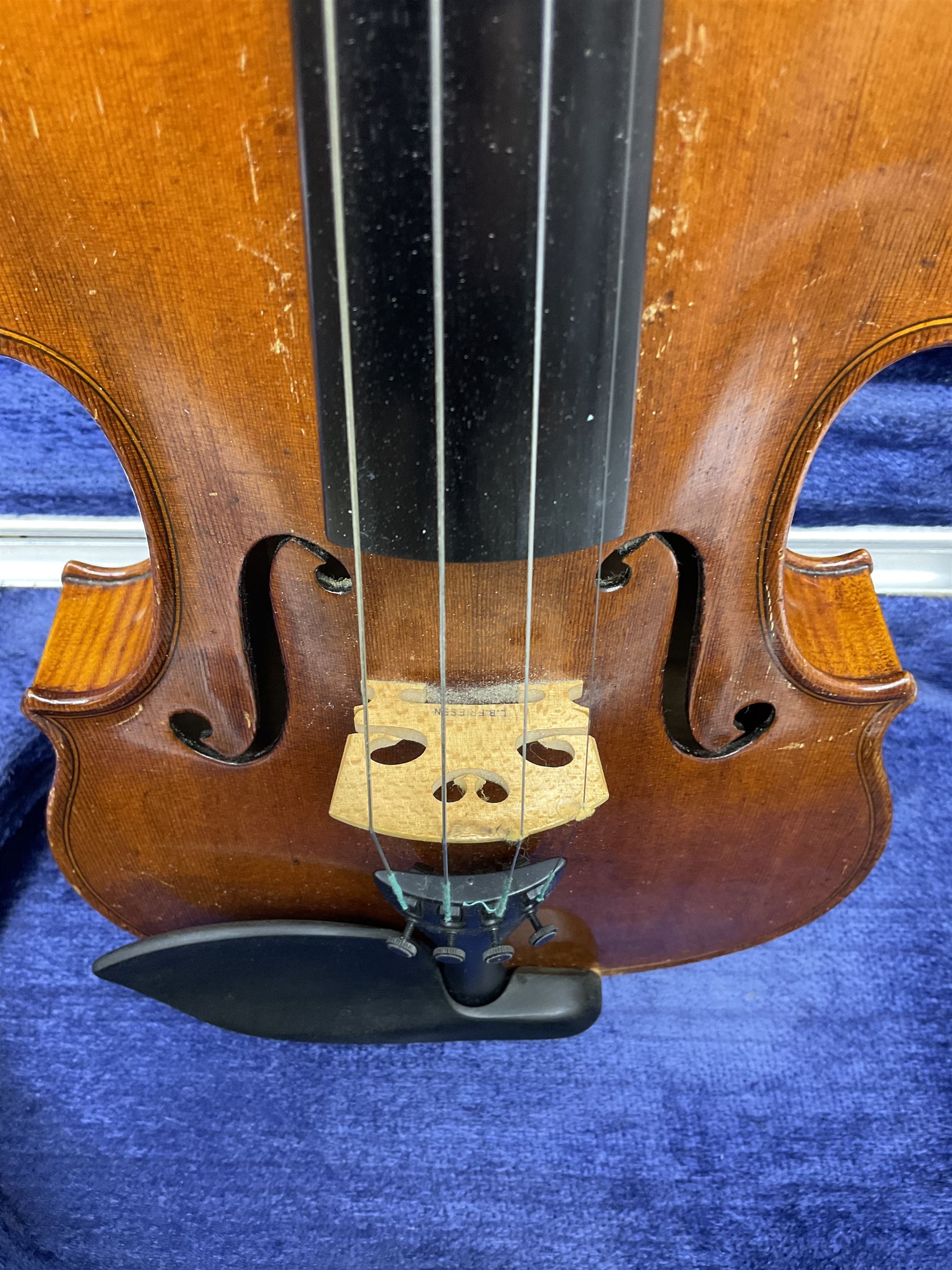 Early 20th century German Ernst Kreusler violin with 36cm two-piece maple back and ribs and spruce top, bears label 'Ernst Kreusler Dresden Anno 1925  Hand made reproduction of Antonius Stradivarius Cremona', overall L59cm; in hard carrying case