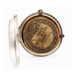 George III silver pair cased verge fusee pocket watch by W.C. Tooke, Lynn, No. 23960, pierced and engraved balance cock decorated with a mask, enamel polychrome dial depicting rope makers and personalised 'John Withers' hour markers, case by William Linsley, London 1814