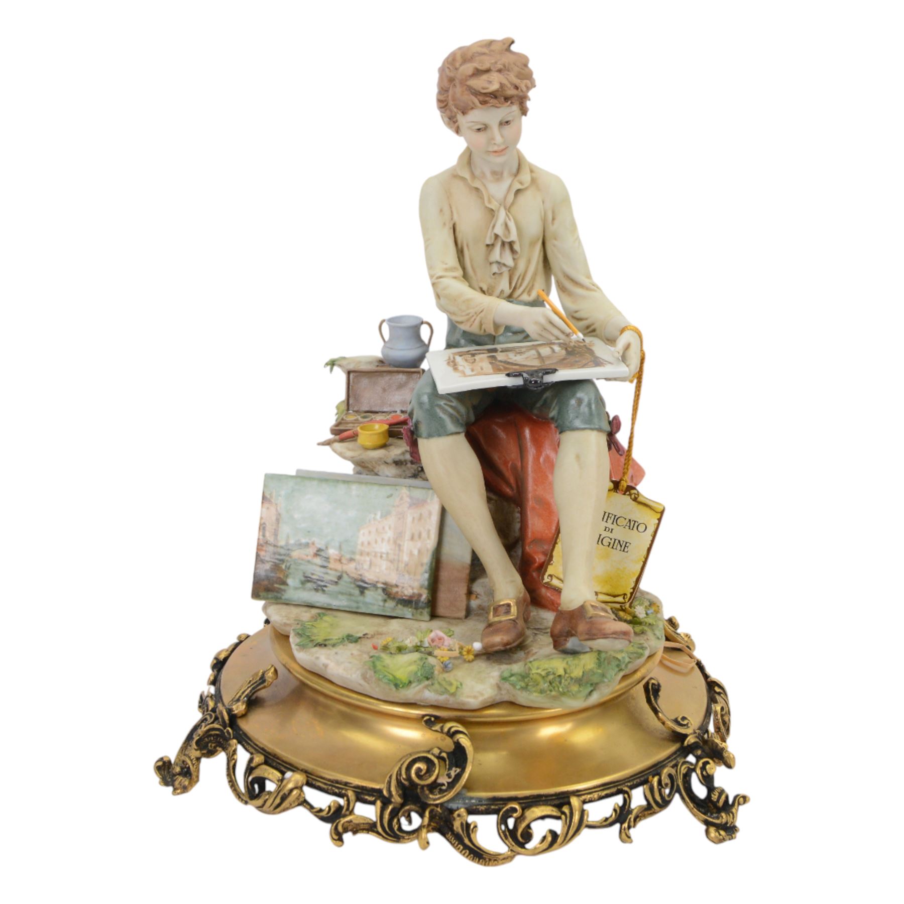 Three Capodimonte figures, including Male artist, Tramp on a Bench, and Boy Fishing, largest H35cm