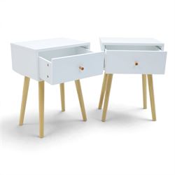 Contemporary pair of white single drawer bedsides, raised on tapering light wood supports