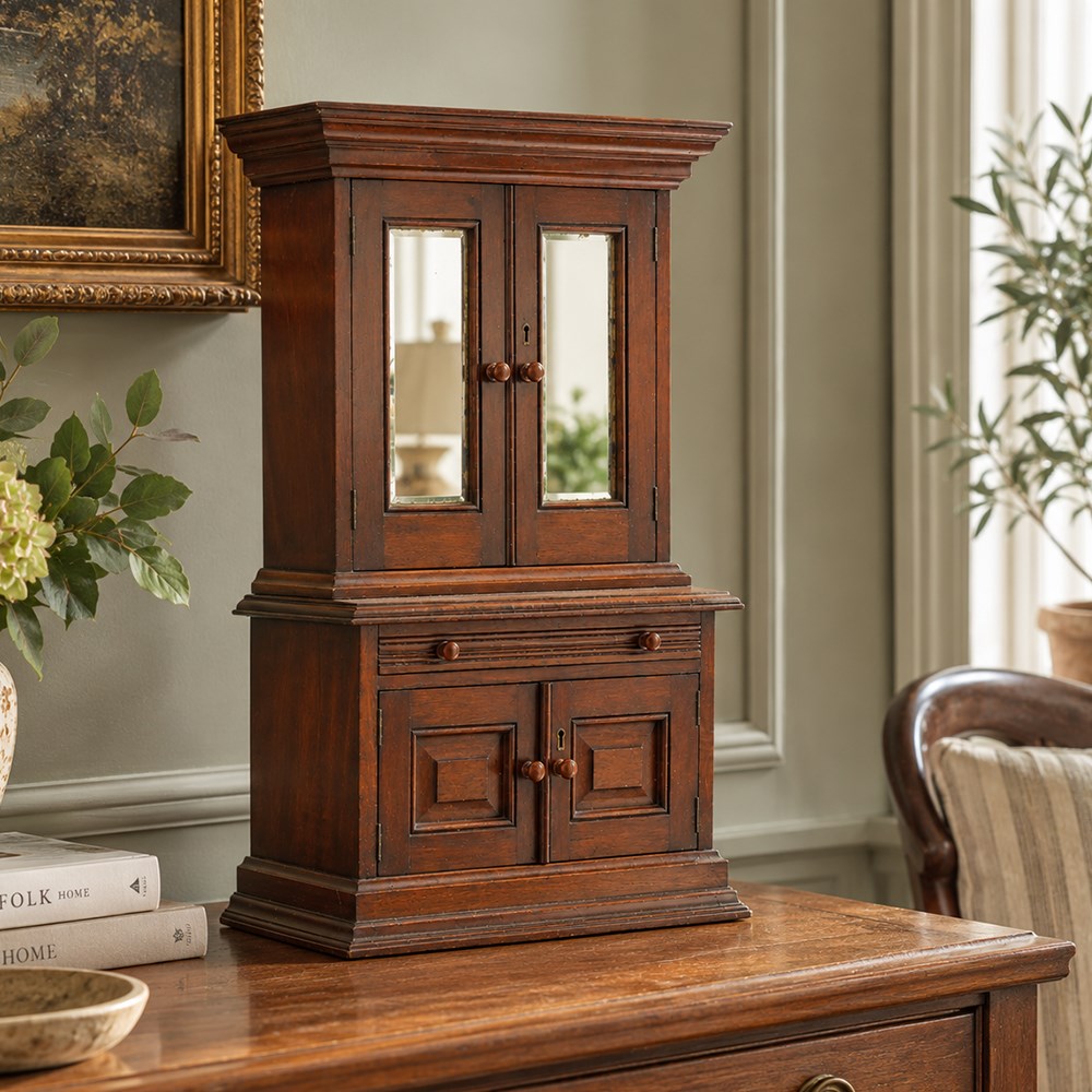 Miniature Victorian mahogany apprentice's cabinet-on-chest, the projecting cavetto cornice over two doors with bevelled mirror plates, the base fitted with single reeded frieze drawer over a panelled cupboard, on stepped plinth base