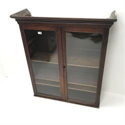 19th century mahogany wall cabinet,  projecting cornice above two glazed doors enclosing three shelves, W94cm, H107cm, D32cm