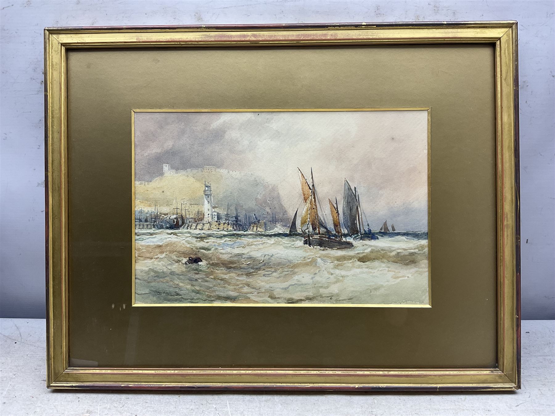 Robert Ernest Roe (British 1852-c1921): View of Scarborough Castle from the Ships, watercolour signed 20cm x 29cm 