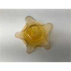 Gillies Jones orange glass bowl with crimped white rim upon a pedestal foot, H11.5cm